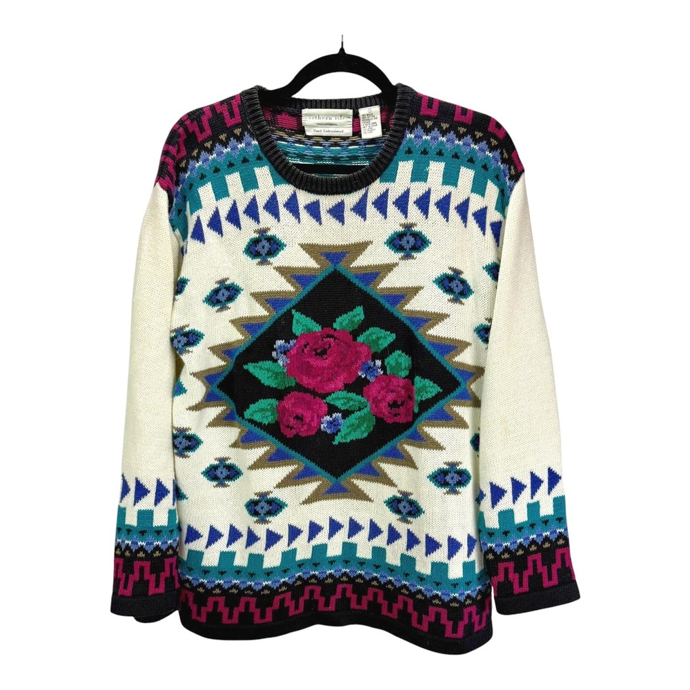 Vtg Northern Isles Sz M Hand Embroidered Rose Sweater Cream Teal Black 80s 90s